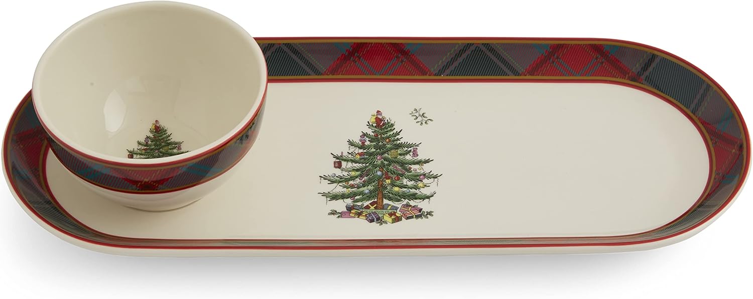 Spode Christmas Tree 2-Piece Tartan Chip and Dip Set - 13-Inch Holiday Serving Platter with Dip Bowl - Tartan Plaid Border - Fine Earthenware, Durable & Versatile, Dishwasher, Microwave, Freezer Safe