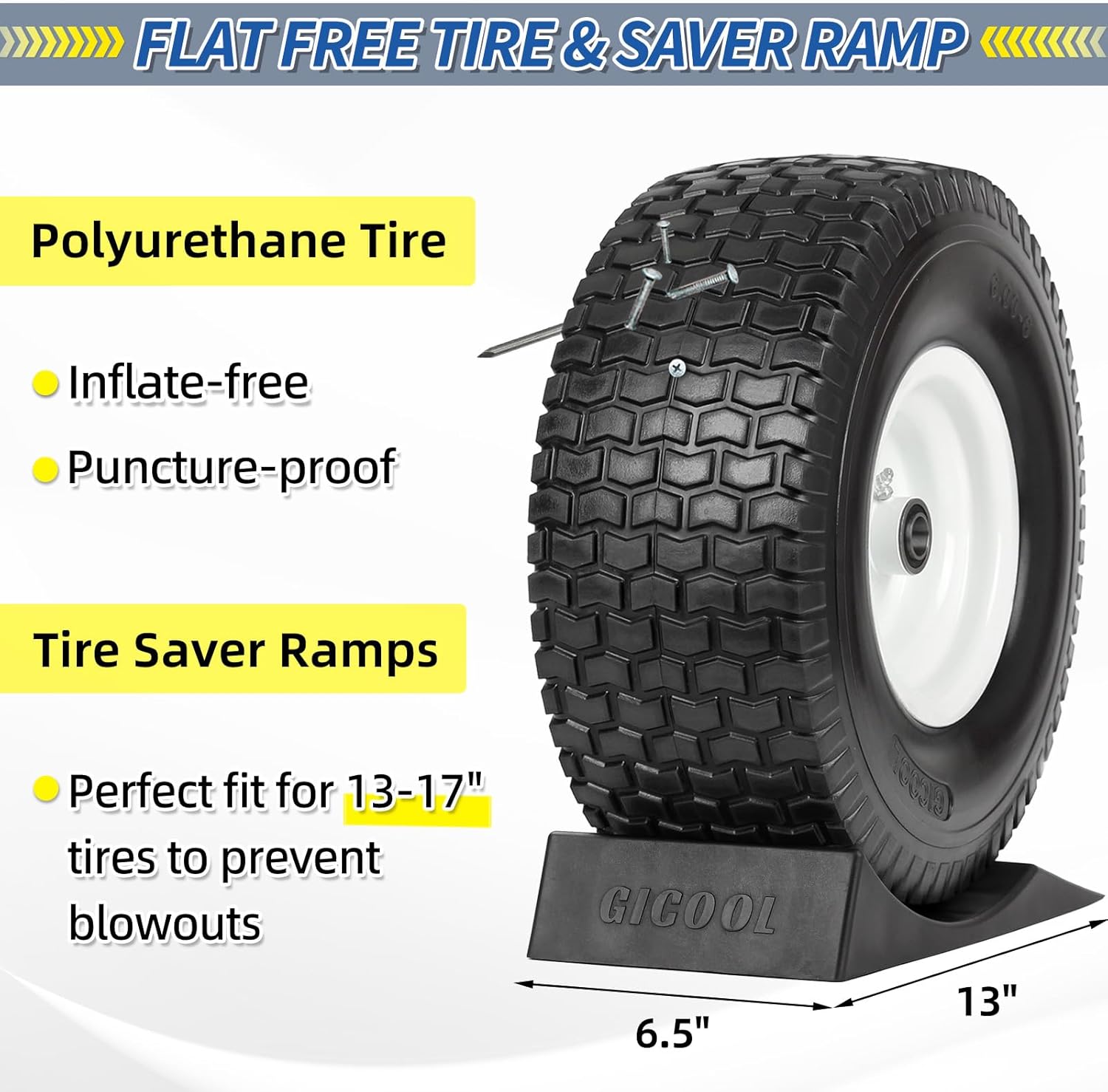 15x6.00-6 Flat Free Lawn Mower Tire and Wheel, Comes with Tire Saver Ramp, 15x6-6nhs Riding Mowers Lawn Tire and Wheel with 3/4" Bearing, 3" Centered Hub, 2 Pack