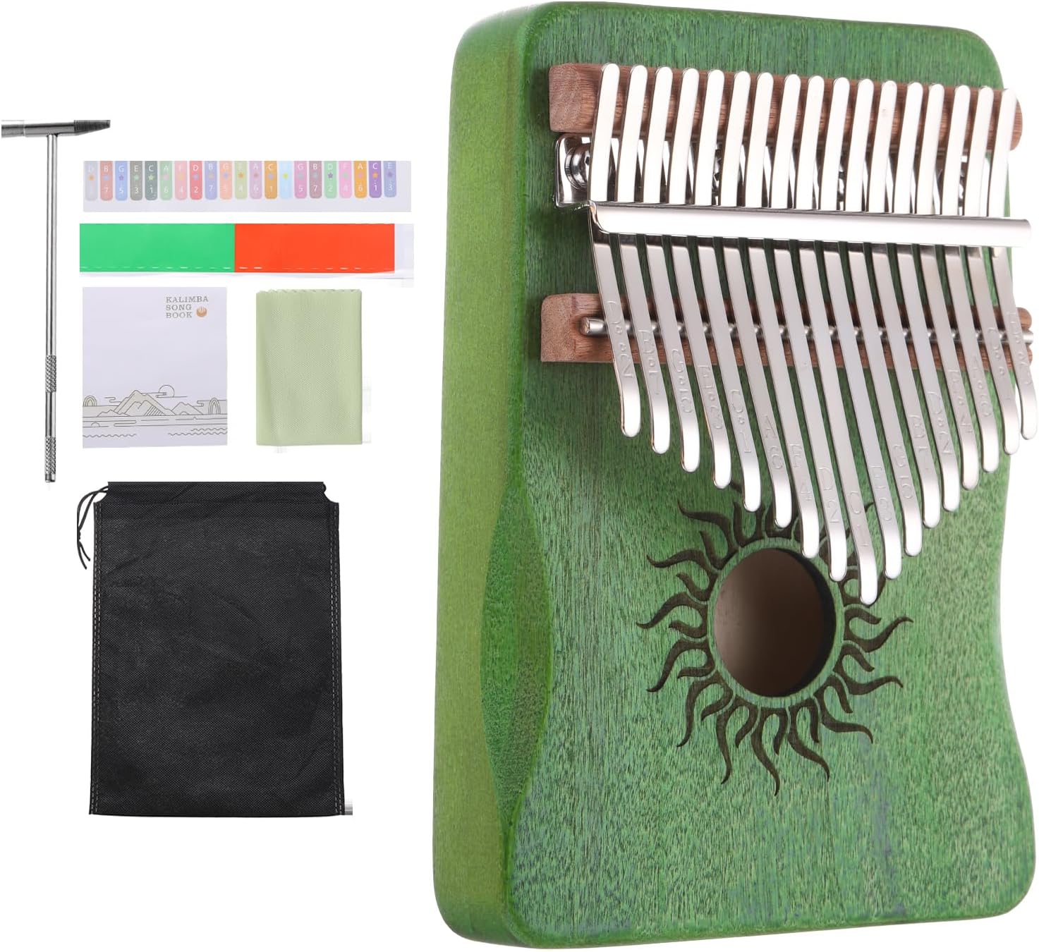 MECCANIXITY 17 Keys Thumb Piano, Green Mini Portable Finger Piano Maple Wood Sun Pattern with Protective Bag, Tune Hammer, Sheet Music Study Instruction for Gift Adults Beginners