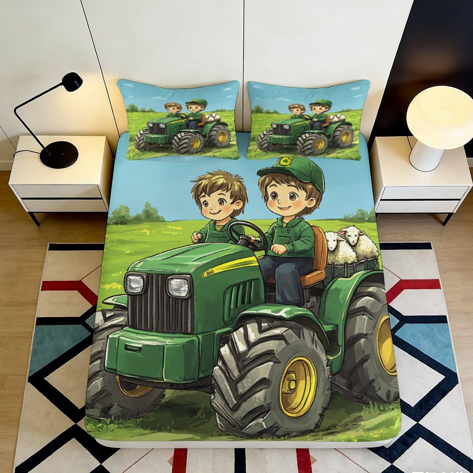 3D Printed Cartoon Farm Tractor Fitted Sheet Microfiber Soft Bedroom Decor Sheep Mattress Cover for Adults Teens 90x200x25cm