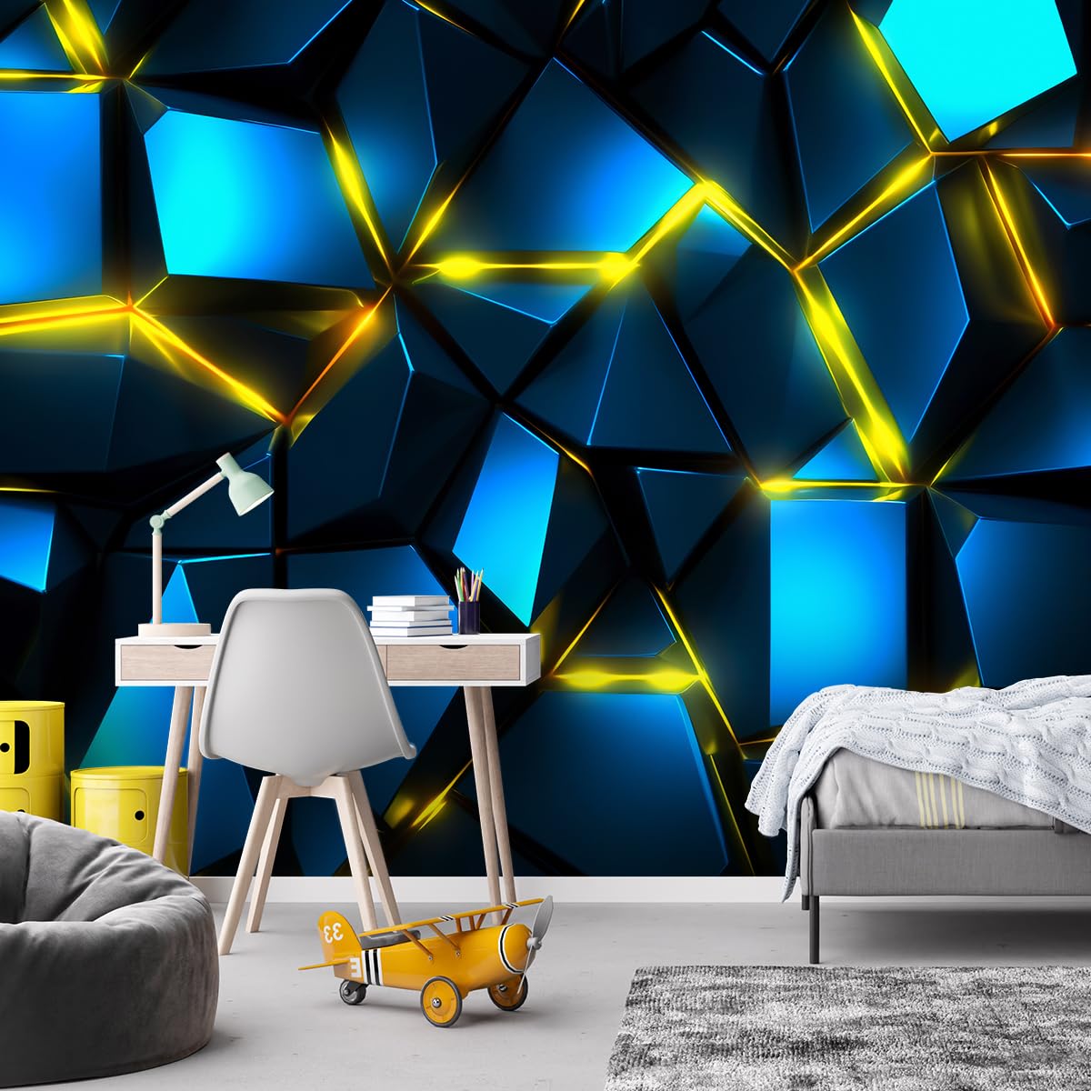 Feeby Carta Da Parati Neon Effetto 3D 450x315 cm blu XXL Decorazione Fotomurali Tessuto Non Tessuto Soggiorno Camera da letto Moderne Design Forme Geometriche