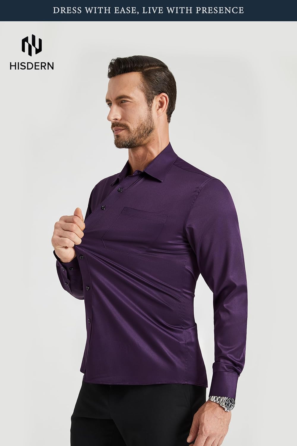 HISDERN 305 Men's Dress Shirt Wrinkle-Free 4-Way Stretch Quick Drying Breathable Long Sleeve Business Formal Shirts - Image 2