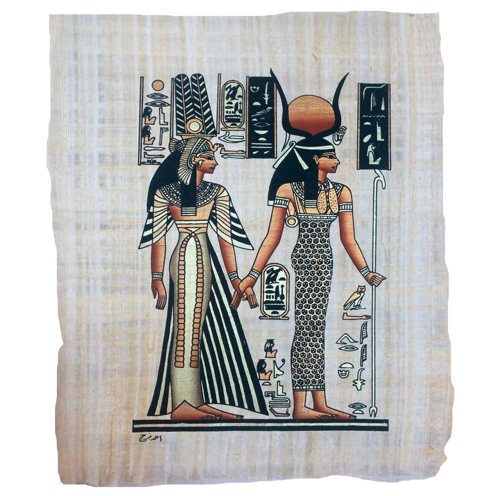 Papyrus égyptien authentique peint à la main : art mural Néfertari et Isis 33x43 cm