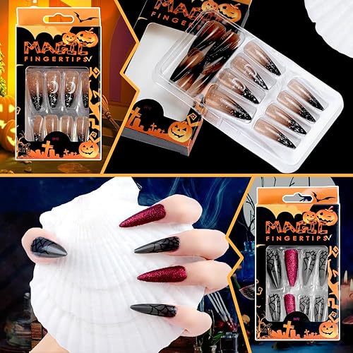 Miniatura 4 de Juego de 48 piezas de pegamento de uñas negro y rojo oscuro, pegamento de uñas largas y medianas  Uñas acrílicas ovaladas de almendra  Uñas postizas