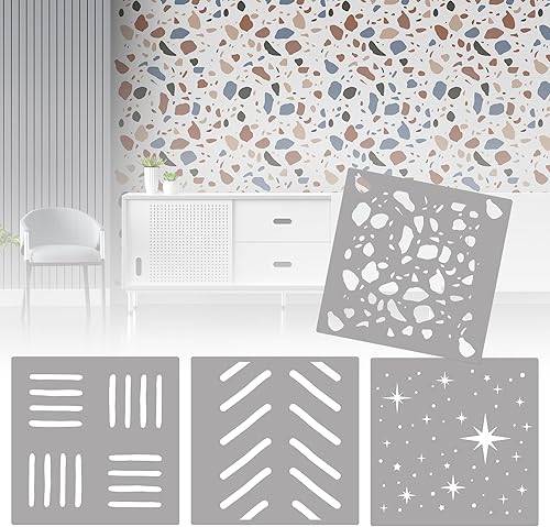 Miniatura 8 de Juego de 4 plantillas de pared (12 x 12 pulgadas), espina de pescado, terrazo, estrellas, patrón de líneas, plantillas reutilizables para pisos,