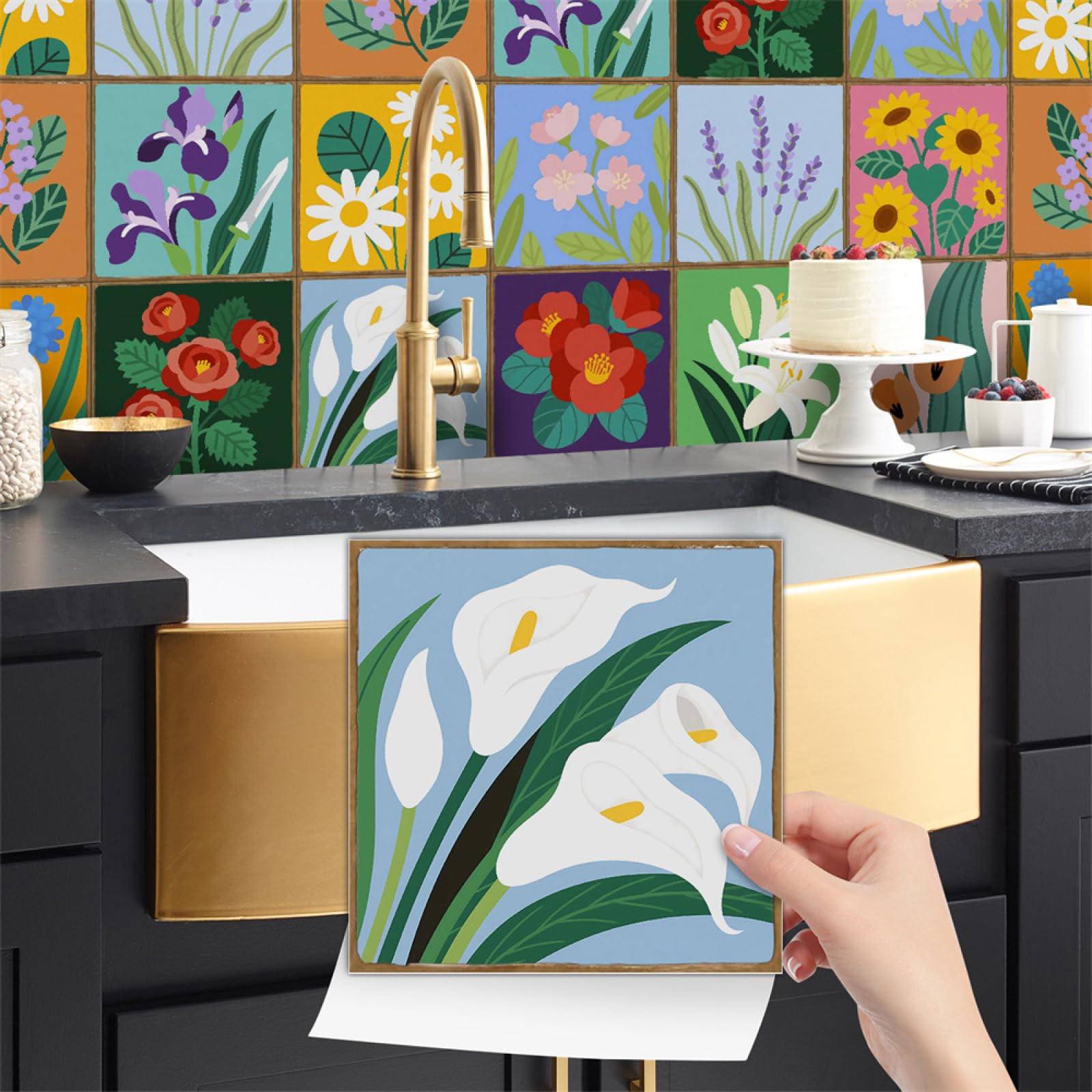 pegatina para azulejos, Pegatinas de pared autoadhesivas girasol, despegables y pegables(15X15CM/24PCS)