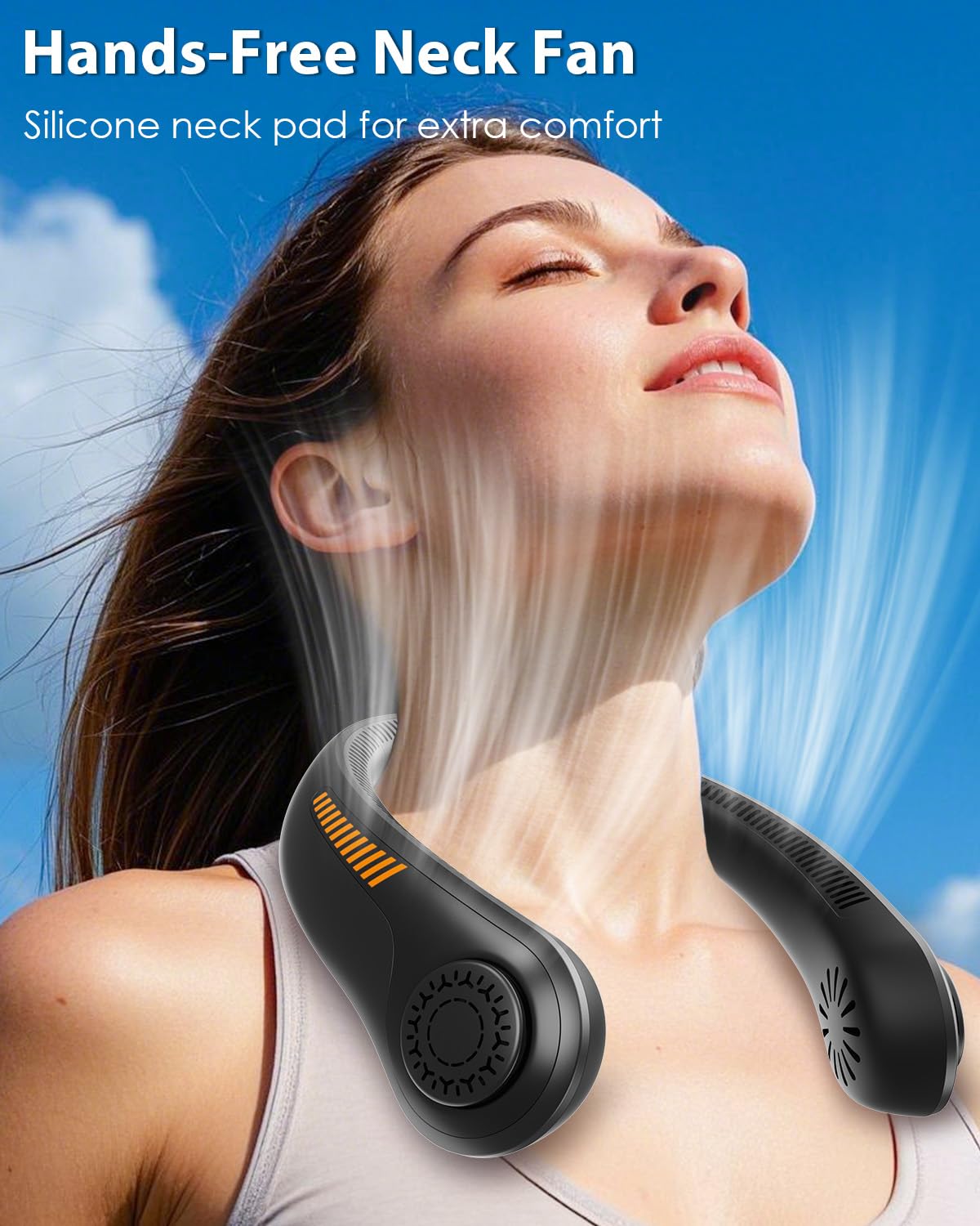 Ventilatore da collo portatile ricaricabile indossabile ventilatore personale soffiare aria fredda, 5 velocità, batteria USB, dispositivo di raffreddamento per il collo con fascia per il collo