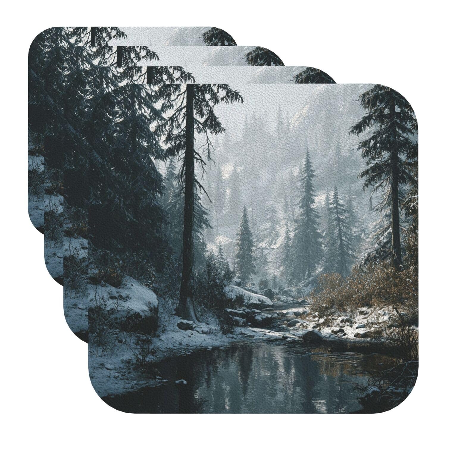 Drink Coasters Set of 4 Quick-Dry Leather Coaster wilderness winter Coasters for Drinks Coffee Cup Mat Tabletop Protection Heat Resistant Coaster for Kitchen Bar Office Home Decor