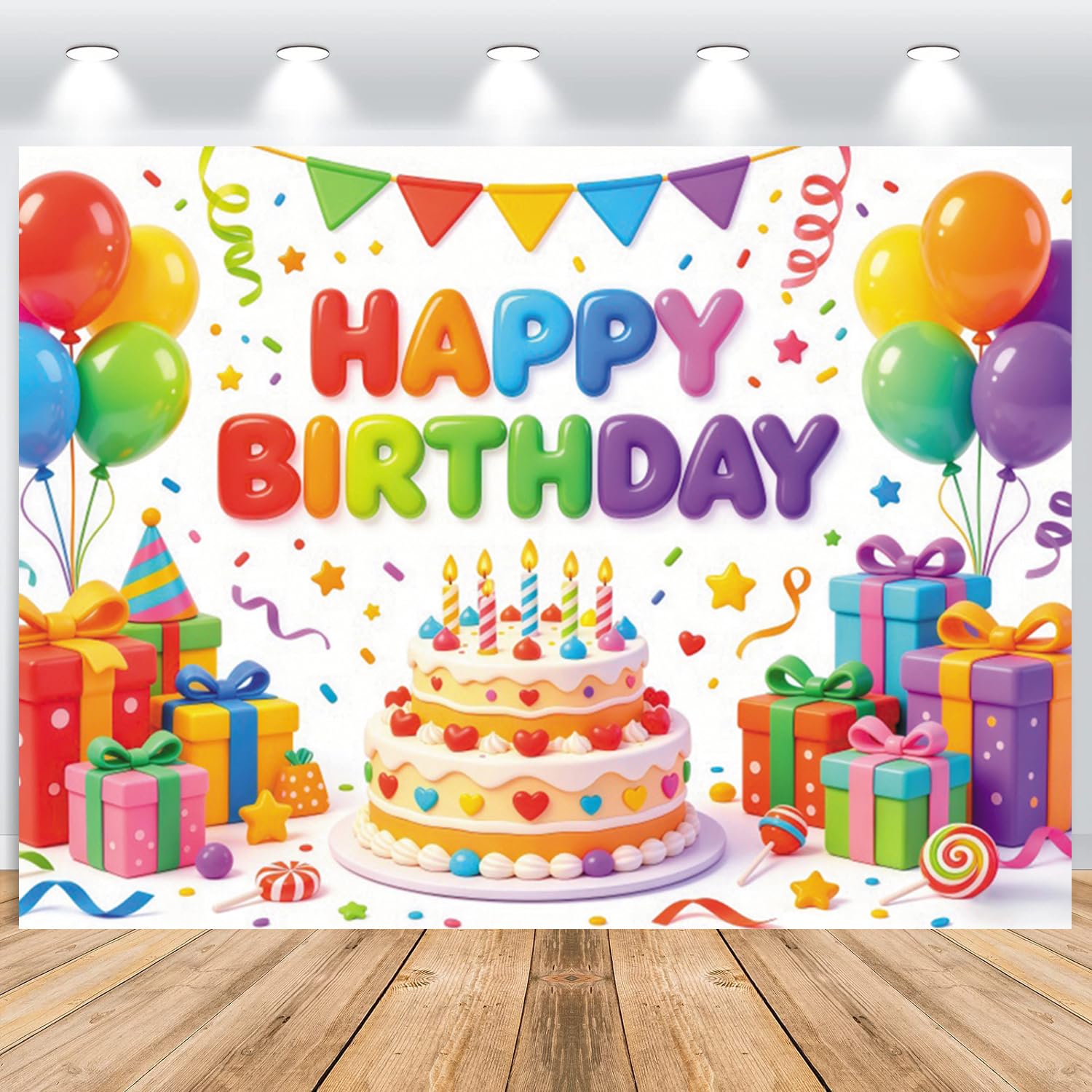 Alles Gute zum Geburtstag Fotohintergrund 3.6x3m, Farbenfroh Kuchen Luftballons Geschenke Regenbogen Fotografie Hintergrund für Kinder Jungen Mädchen Geburtstag Party Dekoration Banner