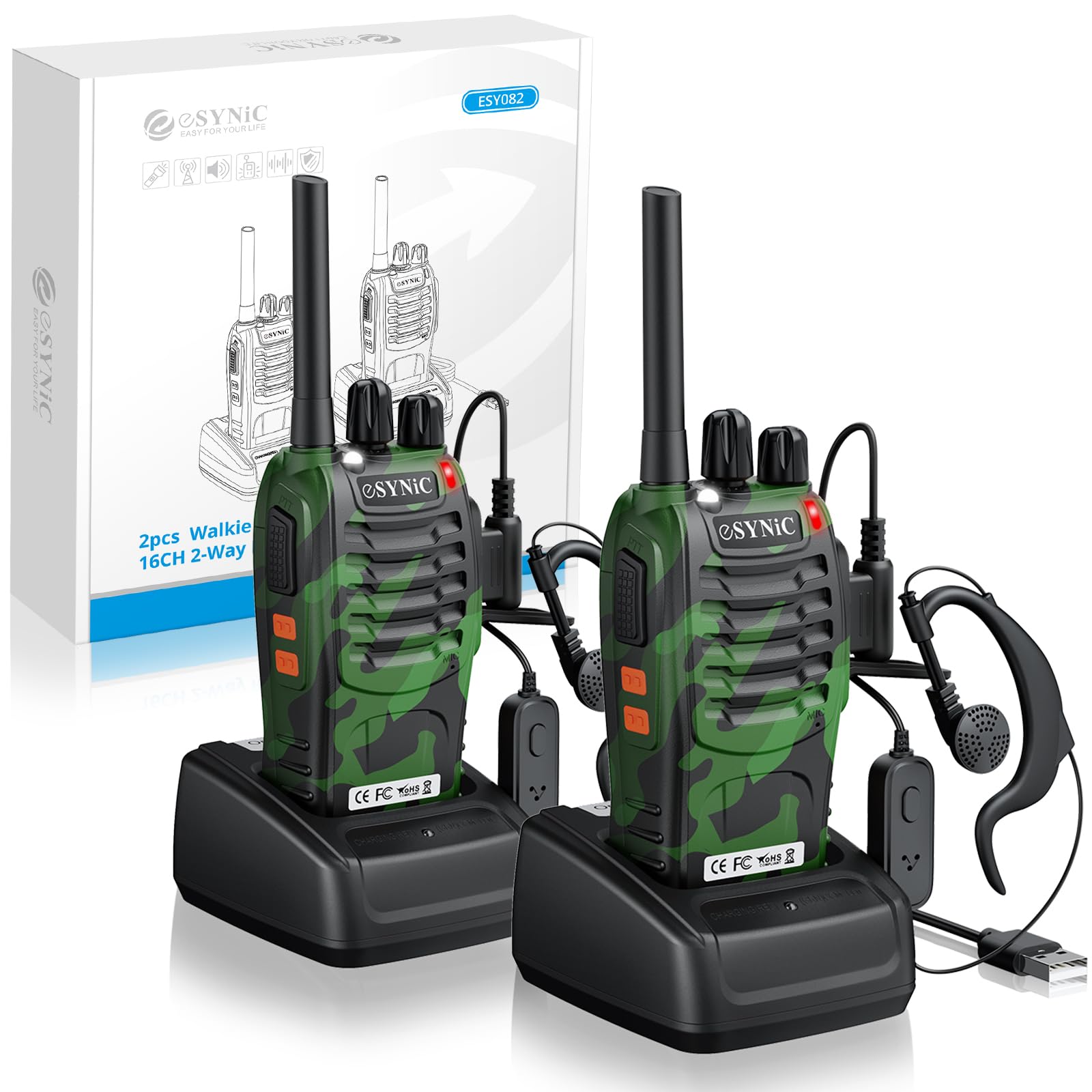 eSynic 2PCS Talkie Walkie Portable Rechargeable avec Écouteurs 16 Canaux PMR446 sans Licence Alerte Batterie Faible Batterie Rechargeable 1500 mAh Talkie Walkie Longue Portée avec Lampe Torche LED