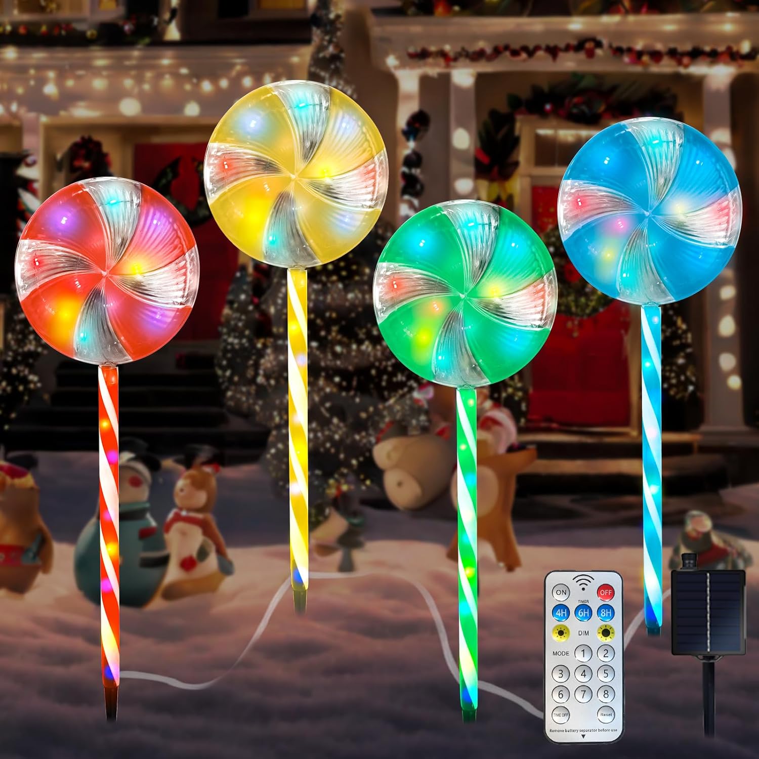 Candy Christmas Decorations Pathway Outdoor Solar Lights, 29 inches 80 LED Lighted Lollipop Solar Christmas Lights with 8 Modes Waterproof String Lights, Outdoor Lights for Yard Patio Walkway-4PCS Multi-colored