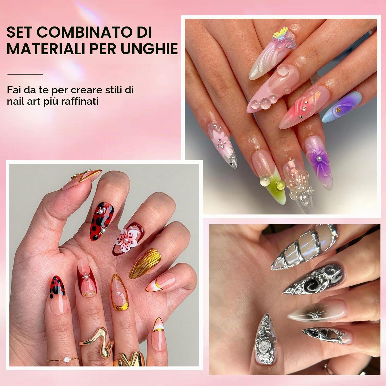 Gel 3D Scultura Nail Art Kit, 15 g 3D Builder Gel Unghie con Polvere Cromate Unghie Oro Argento e Perline Metalliche Charms per Decorazioni Unghie 3D DIY Effetto Specchio e Design