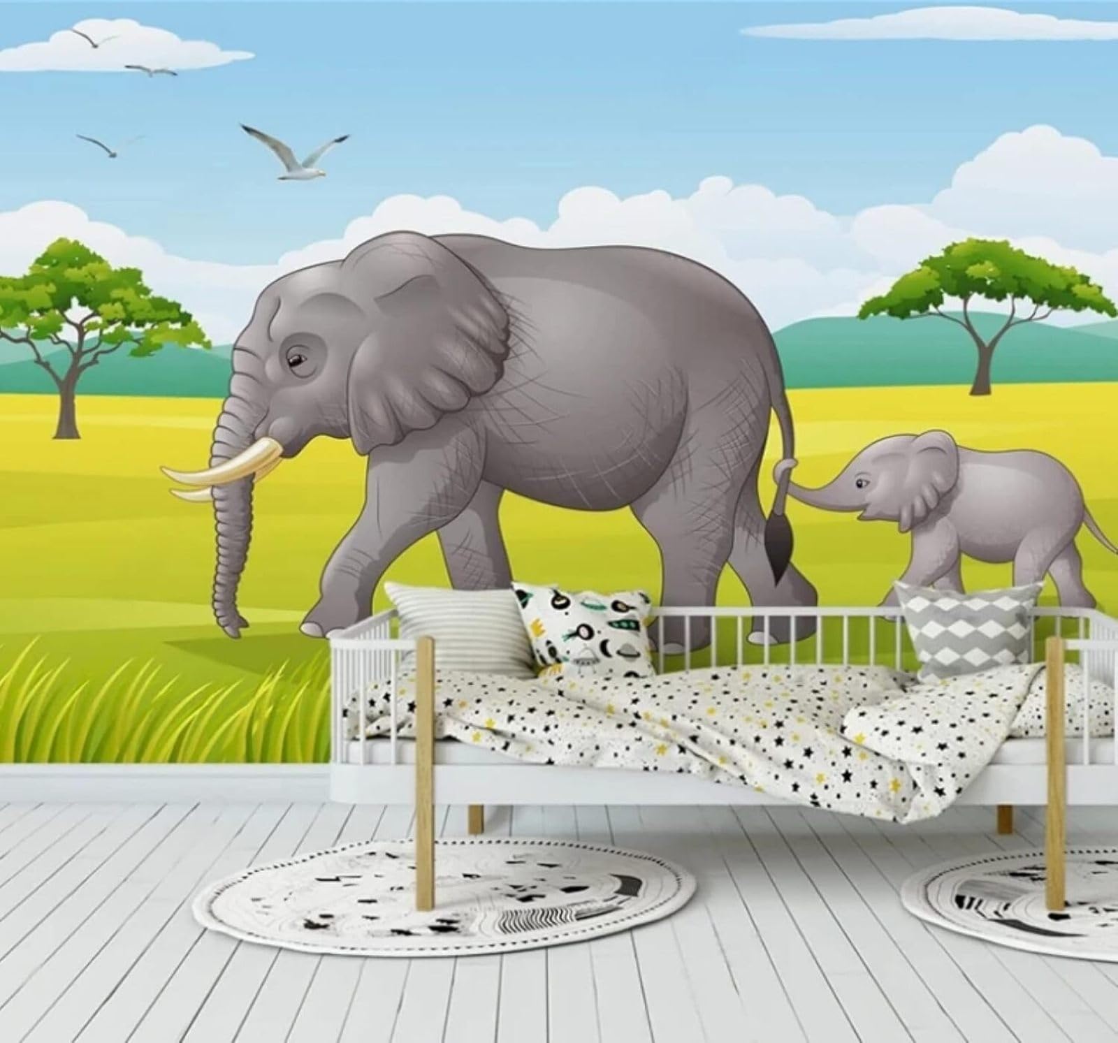 XLMING Hand Drawn Cartoon Elephant Forest Grassland 3D Wallpaper Luxury Silk Study Dining Feature Sofa Grey Bedroom Living Room Tv Decorative Wall-400cm×280cm