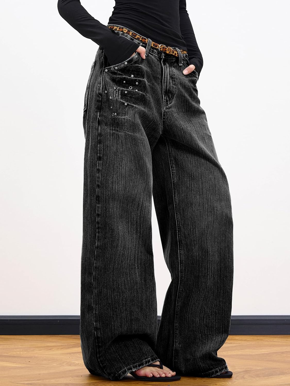 EMMIOL 2026 Women’s Mid High Waisted Wide Leg Jeans Rivet Y2K Baggy Jeans Trendy Loose Straight Denim Pants with Pockets - Image 5