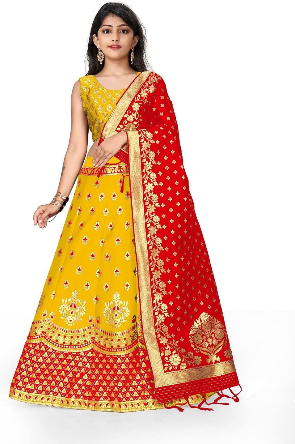 TIRUPATI ENTERPRISE Girl's Casual Wear Digital Embroidered Printed Heavy Banarsi Jacquard Silk Fully Stitched Lehanga Choli Set For Girl's (Yellow & Red,13-14 Years)(TREL-1078)