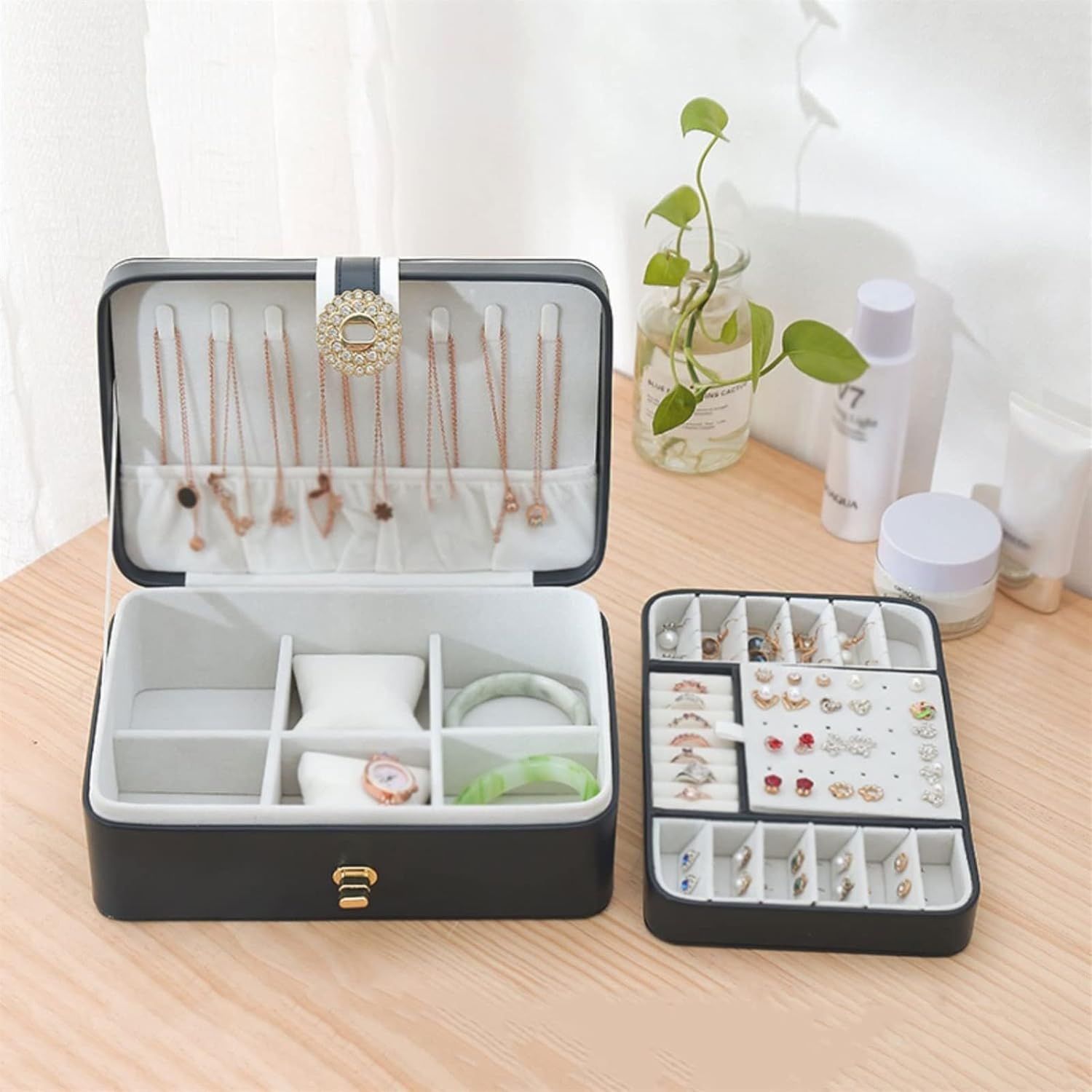 ジュエリーボックス ジュエリー収納ボックス イヤリング収納 ポータブル収納ボックス イヤーネイルリング ネックレス 二層ストレージボ
