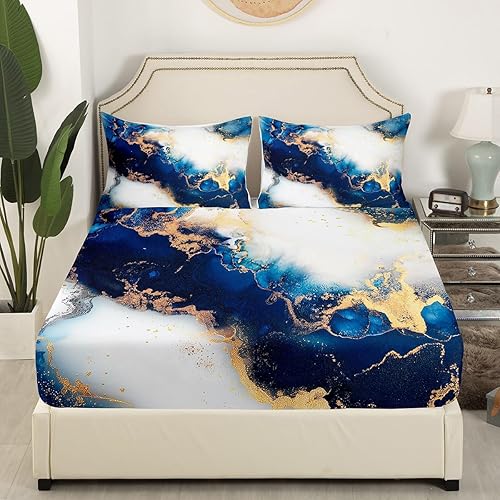 Miniatura 3 de Erosebridal Juego de sábanas de mármol azul y blanco dorado, tamaño Queen, juego de sábanas con textura de mármol retro para niños y niñas, sábanas