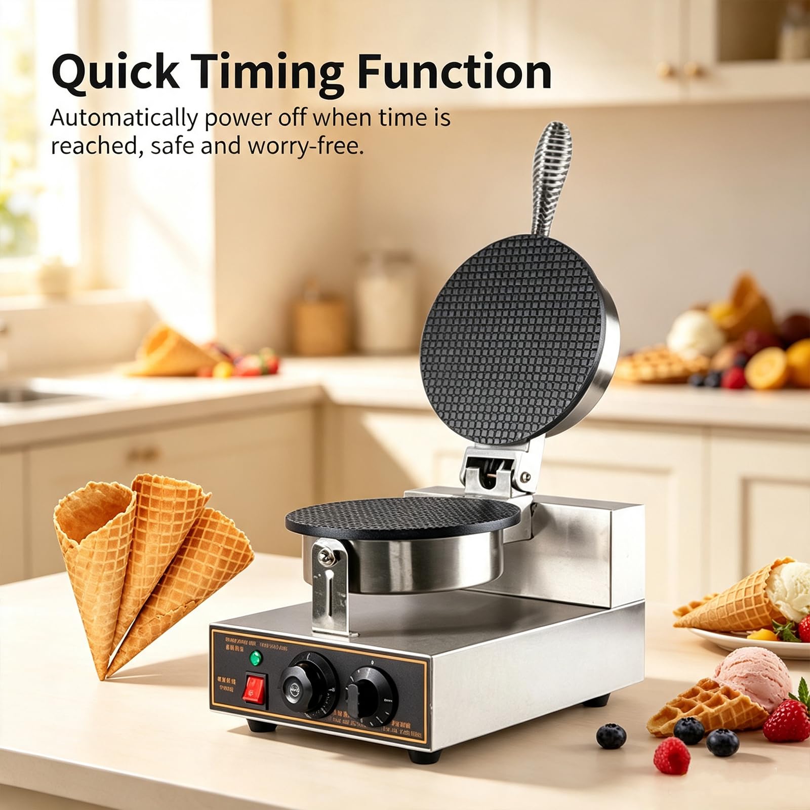 Máquina para Conos de Waffle y Rollos de Huevo de 1200W con Temporizador | Calentamiento de doble cara, placa antiadherente, apagado automático, acero inoxidable para uso en el hogar y en cafeterías