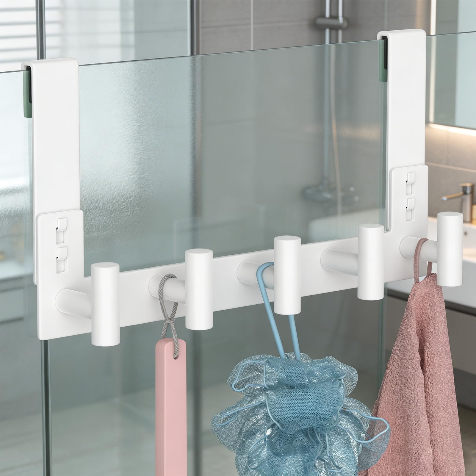 PMMASTO White Extra-Long Shower Door Hanger, 5 T-Hooks, Fits 3/8-Inch Glass