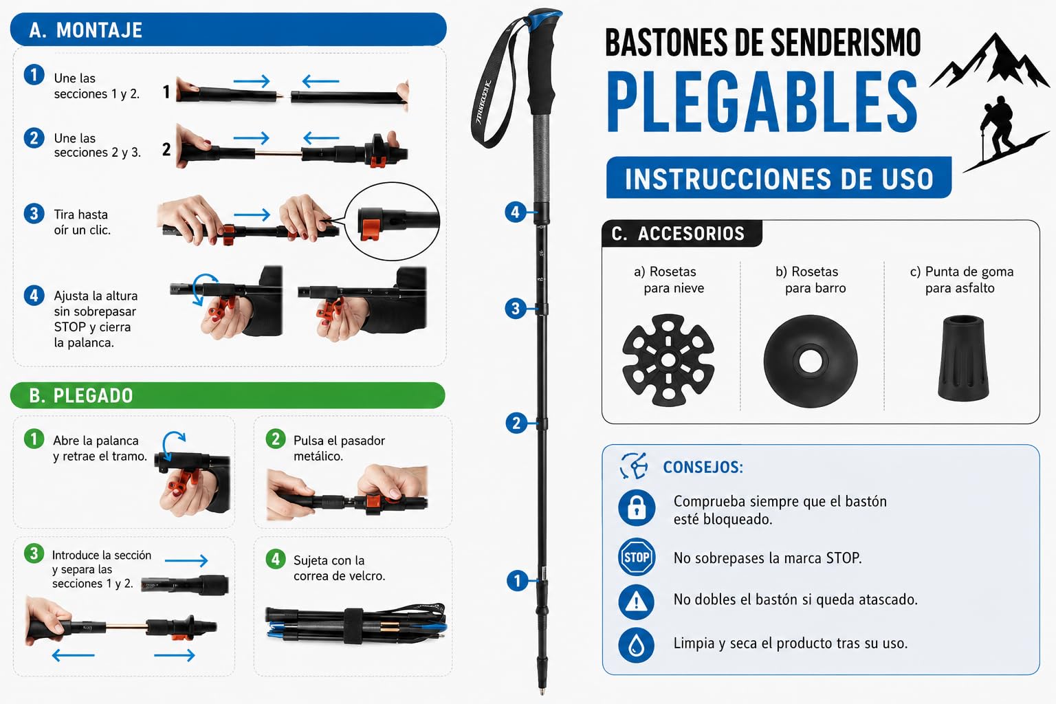 Bâtons de trekking pliables, 2 bâtons de randonnée, aluminium 7075, légers, réglables de 120 à 135 cm, manche en liège, 4 paires de butées, ajustement rapide, montagne, marche nordique, trail, course