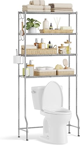 SONGMICS Almacenamiento de 4 niveles sobre el inodoro, estante de almacenamiento de metal, estantes ajustables, 4 ganchos, soporte para rollo,