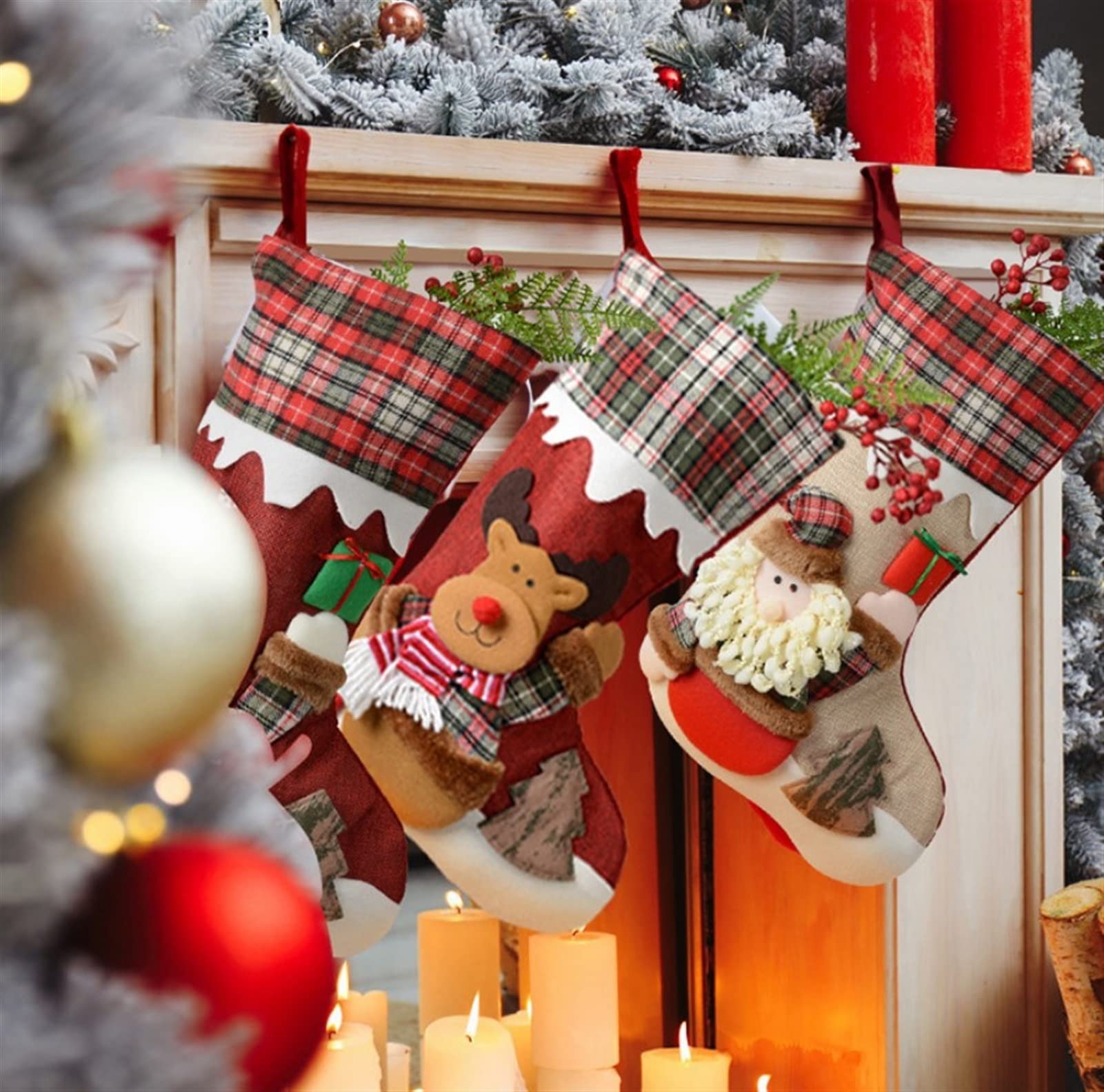 WAYOM 3 Stück Weihnachtsstrumpf, Groß Nikolausstiefel Nikolausstrumpf Weihnachtsdeko, Weihnachten Christmas Stocking Weihnachtsbaum Kamin Deko Weihnachtssack