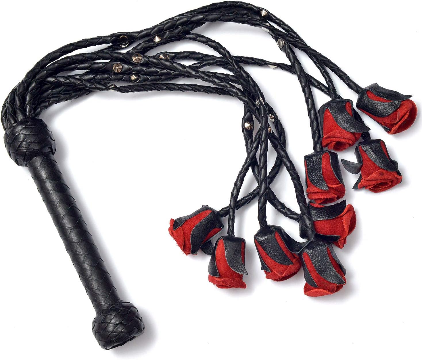 Genuine/Real Leather Red Rose Steel Studded Flogger Heavy Duty Whip