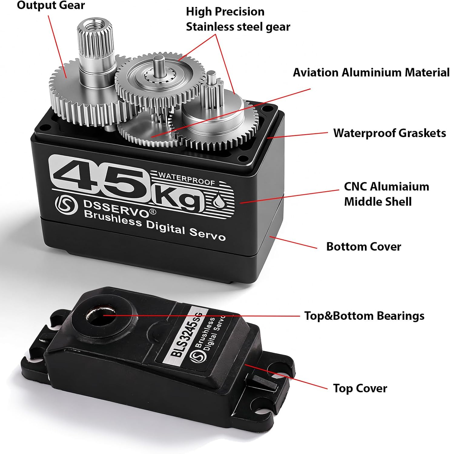 ZOSKAY 45kg Rc Servo Brushless Servo Metal Gear High Torque for TRX4 TRX6 SCX10 III 1/10 RC Crawler Upgrade Parts (45KG-270°)