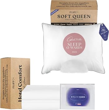 FluffCo Standard/Queen Down Alternative Pillow & Cooling Pillowcases | Luxury Hotel-Quality Breathable Microfiber Polyester Pillow1 & 100% Queen Size Cotton Pillow Cases2 | Machine Washable
