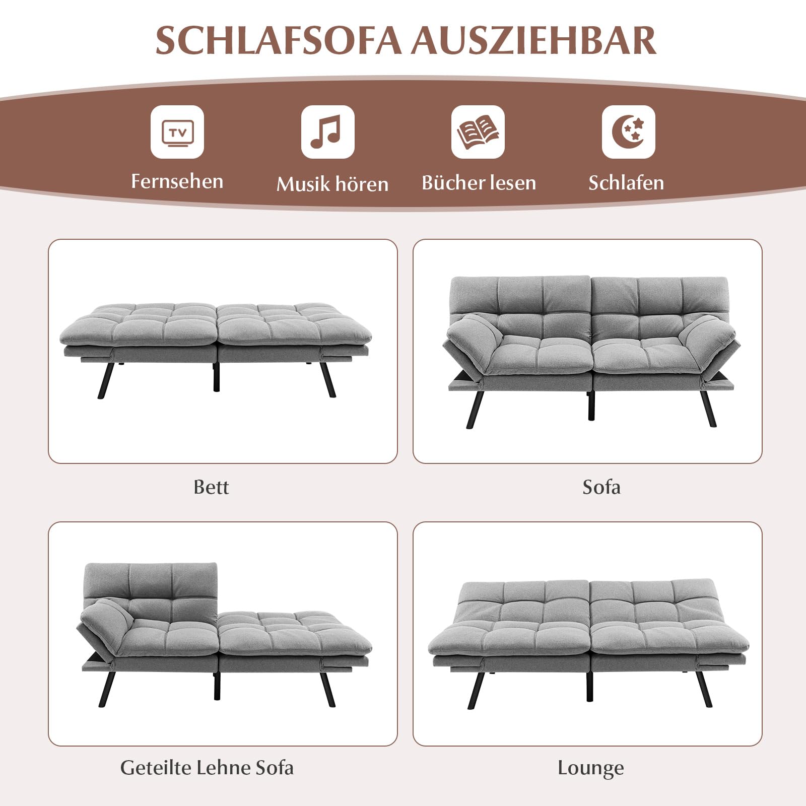 GOPLUS Kanapa z funkcją spania, sofa rozkładana z funkcją spania, 2-osobowa sofa z regulowanymi podłokietnikami, oparcie odchylane 105°/145°/180°, powierzchnia leżenia 182 x 106,5 cm, łóżko-sofa do