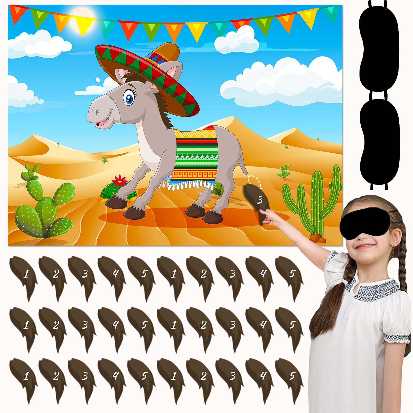 Upgraded, Pin The Tail on The Donkey, Funny Pin The Tail Games for Kids, with Large Premium Poster, Reusable Stickers, Eye Mask Accessories, Ideal Mexican Fiesta Party Decorations