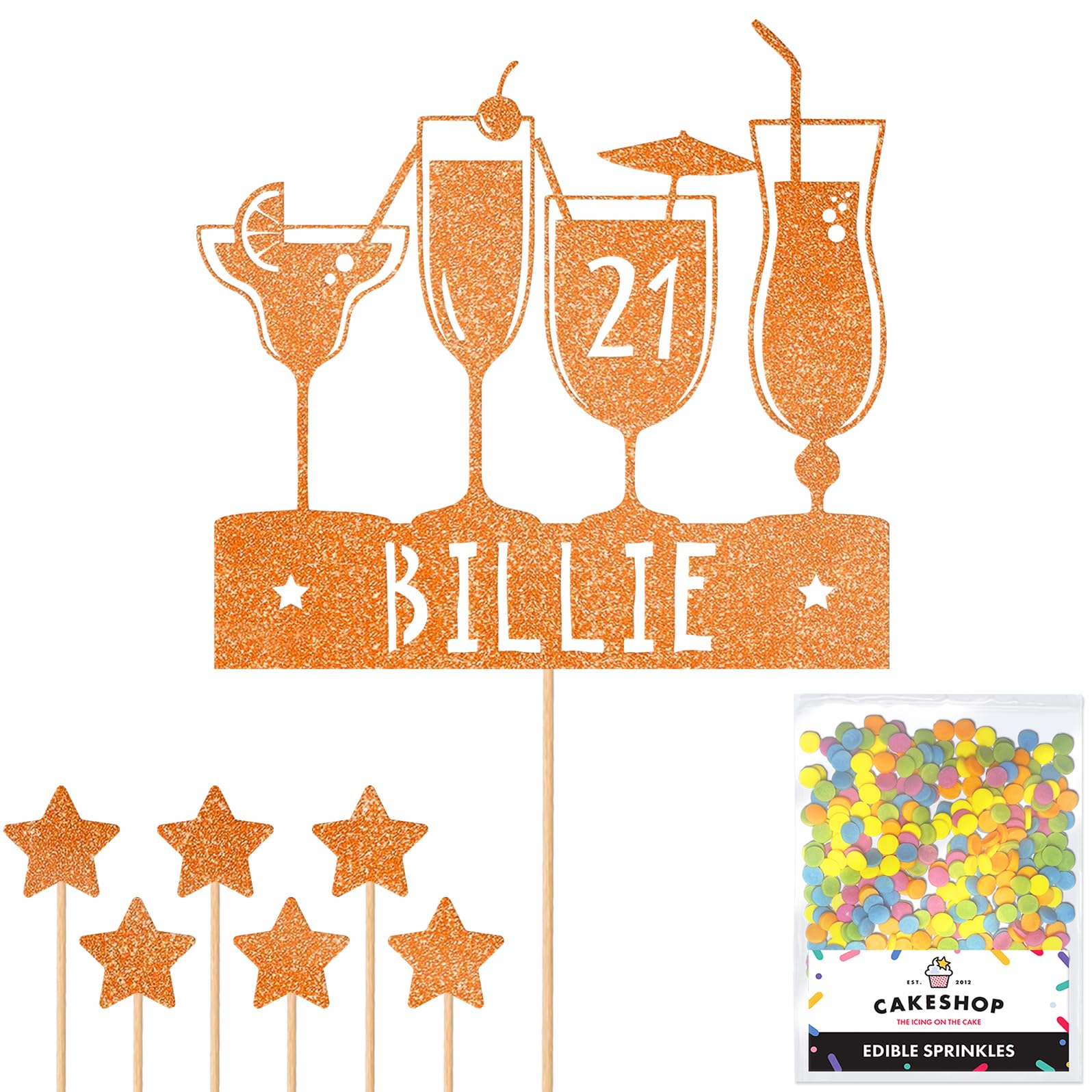 Personalised Cocktail Glitter Cake Topper - Orange Any Custom Name & Age Gin Vodka Glitter Cake Decoration and Sprinkles - Happy Birthday Decorations - Personalised Toppers for Cakes by Cakeshop