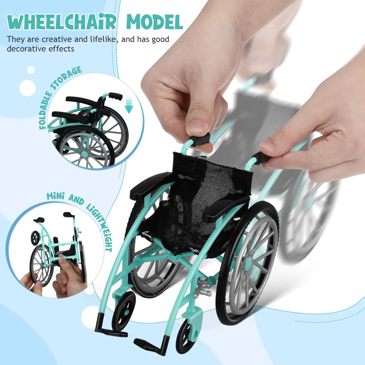Angoily Mini Wheelchair, 1:12 Scale Mini Crutch, 6" Foldable Miniature Dollhouse Accessories, Realistic Mobility Model Furniture, Green Plastic Toy Set for 6 Inch Dolls, Dollhouse Collectible Scene