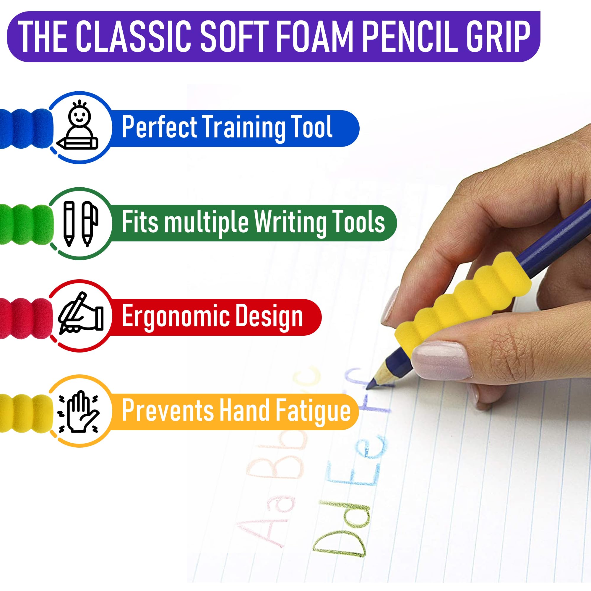 Pencil Grip The Classics Geriffelter Schaumstoffgriff, ergonomische Schreibhilfe, für Rechts- oder Linkshänder, verschiedene Farben, 12 Stück
