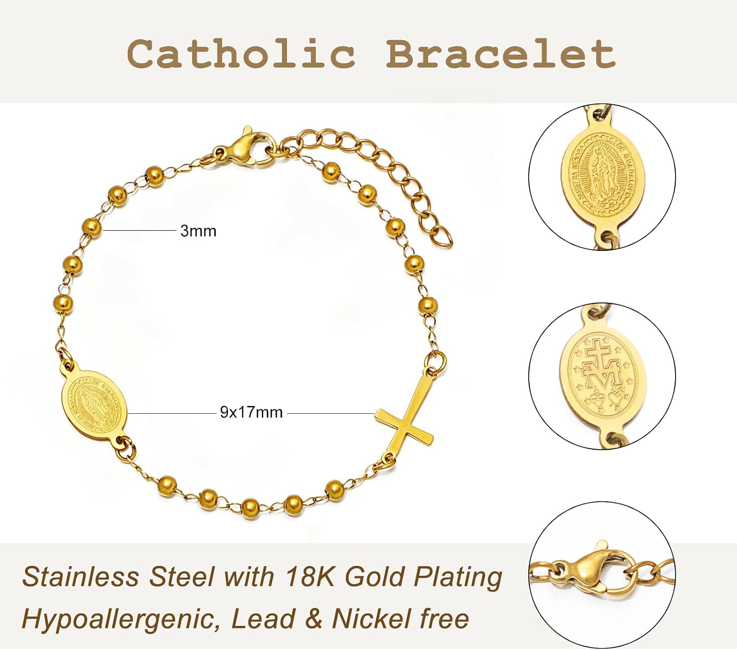 KOMI Our Lady of Guadalupe Bracelet for Women 18K Gold Plated Cro - Reverse Hallmark & Finish