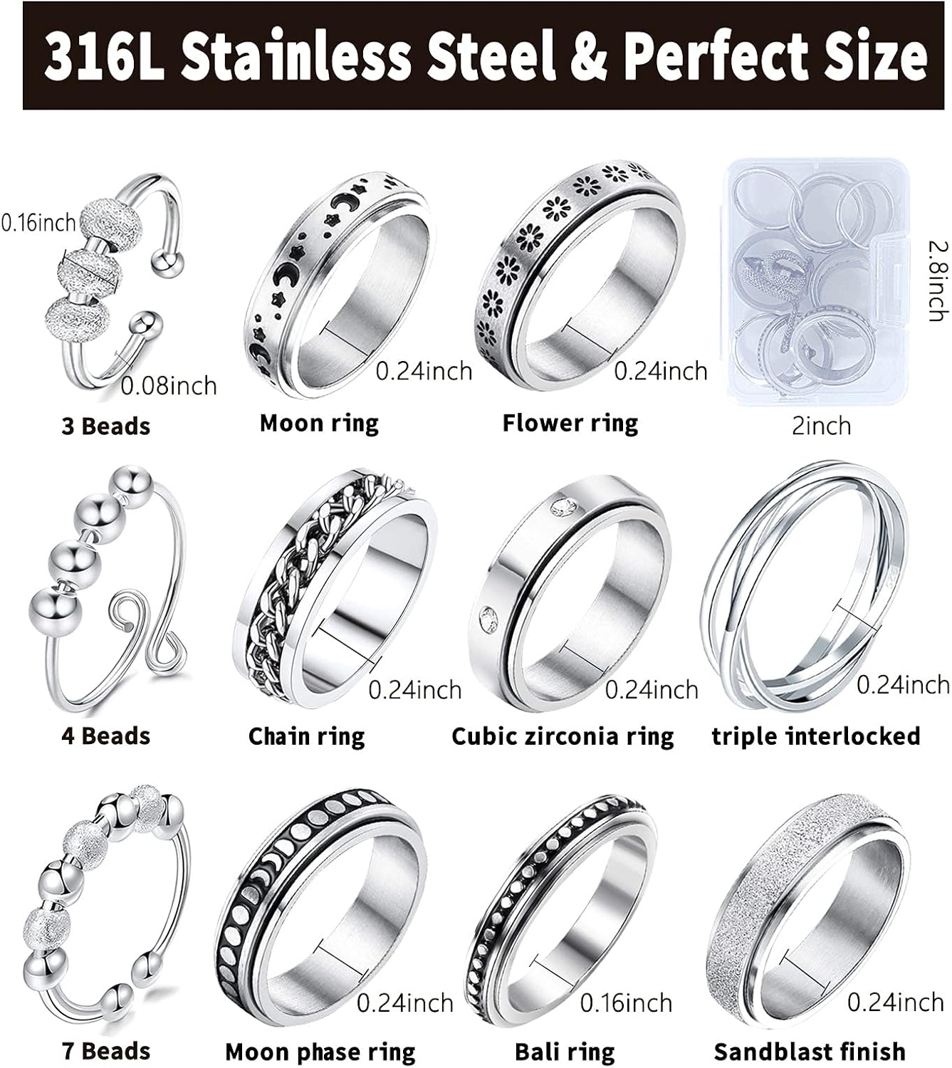 MUCAL Fidget Rings for Anxiety 8pcs Stainless Steel Spinner Ring Anti Anxiety Ring Spinning Moon Star Cool Stress Relieveing Rings for Women Men