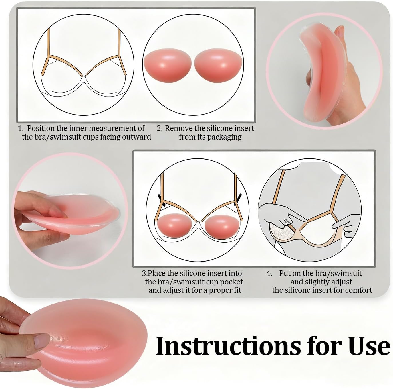 1 Pair Non-Sticky Silicone Bra Inserts Pads, Breast Enhancer Push Up, Chicken Cutlets Bra Insert, Silicone Bra Padding Insert, Pink