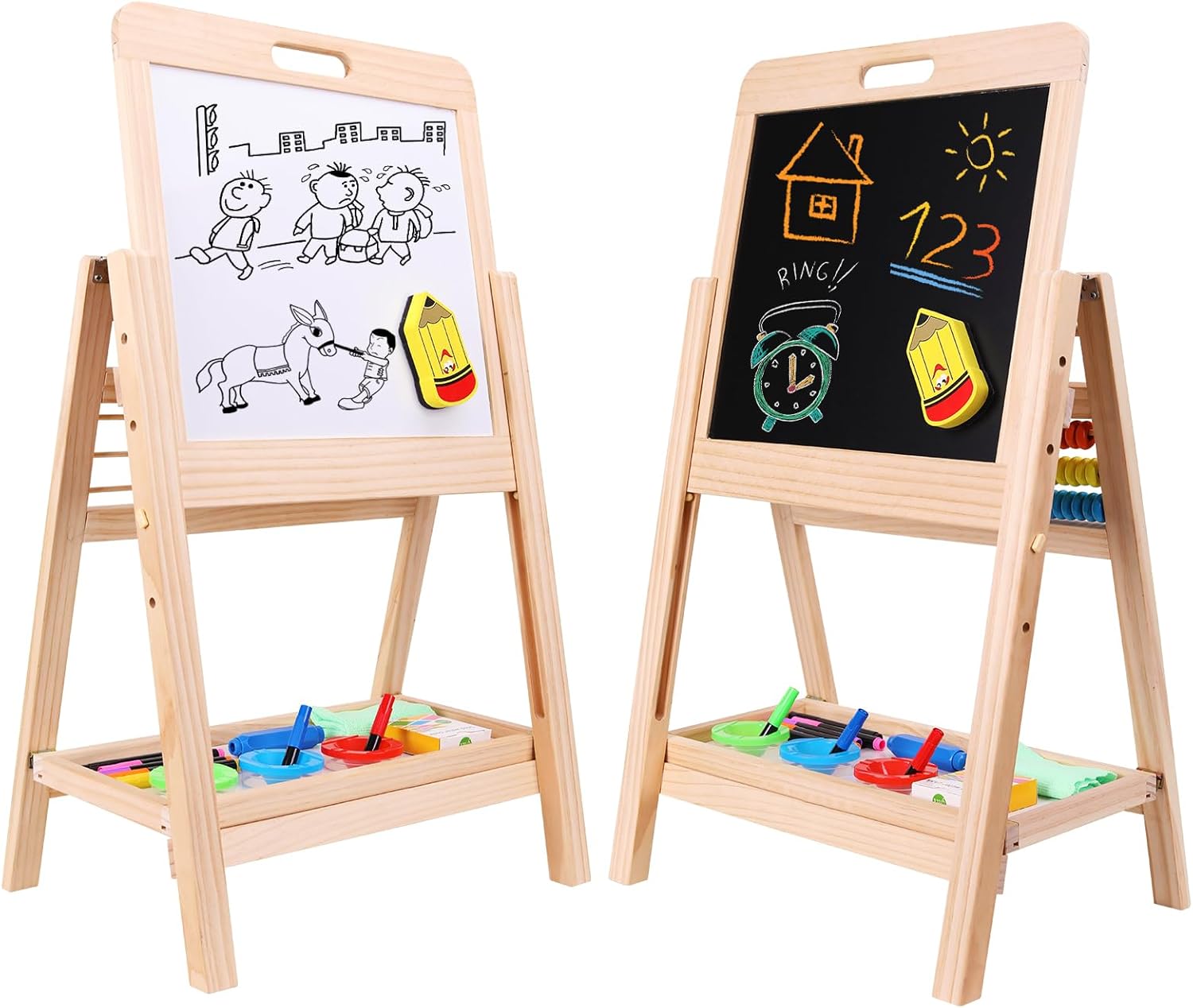 QZMTOY Kids Art Easel, Deluxe Standing Easel Set, Adjustable Art Table, Dry Erase Board & Chalkboard Double Sided Stand, 360 Rotating Drawing Easels with Art Supplies, Adjust Height 28-39in