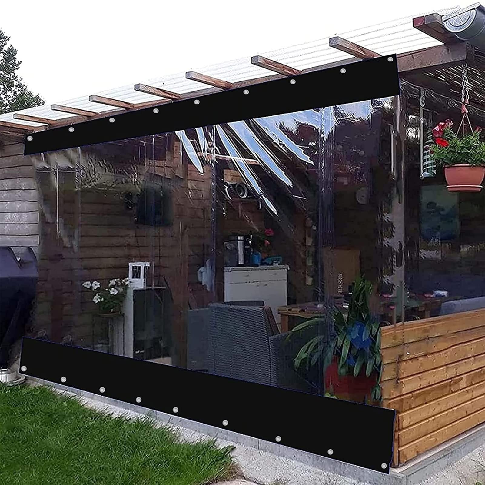 Strapazierfähige, wasserdichte PVC-Pergola-Seitenteile mit Ösen, anpassbar, transparente Vorhänge für Pavillon, Veranda, schwarz, 3 x 4,5 m