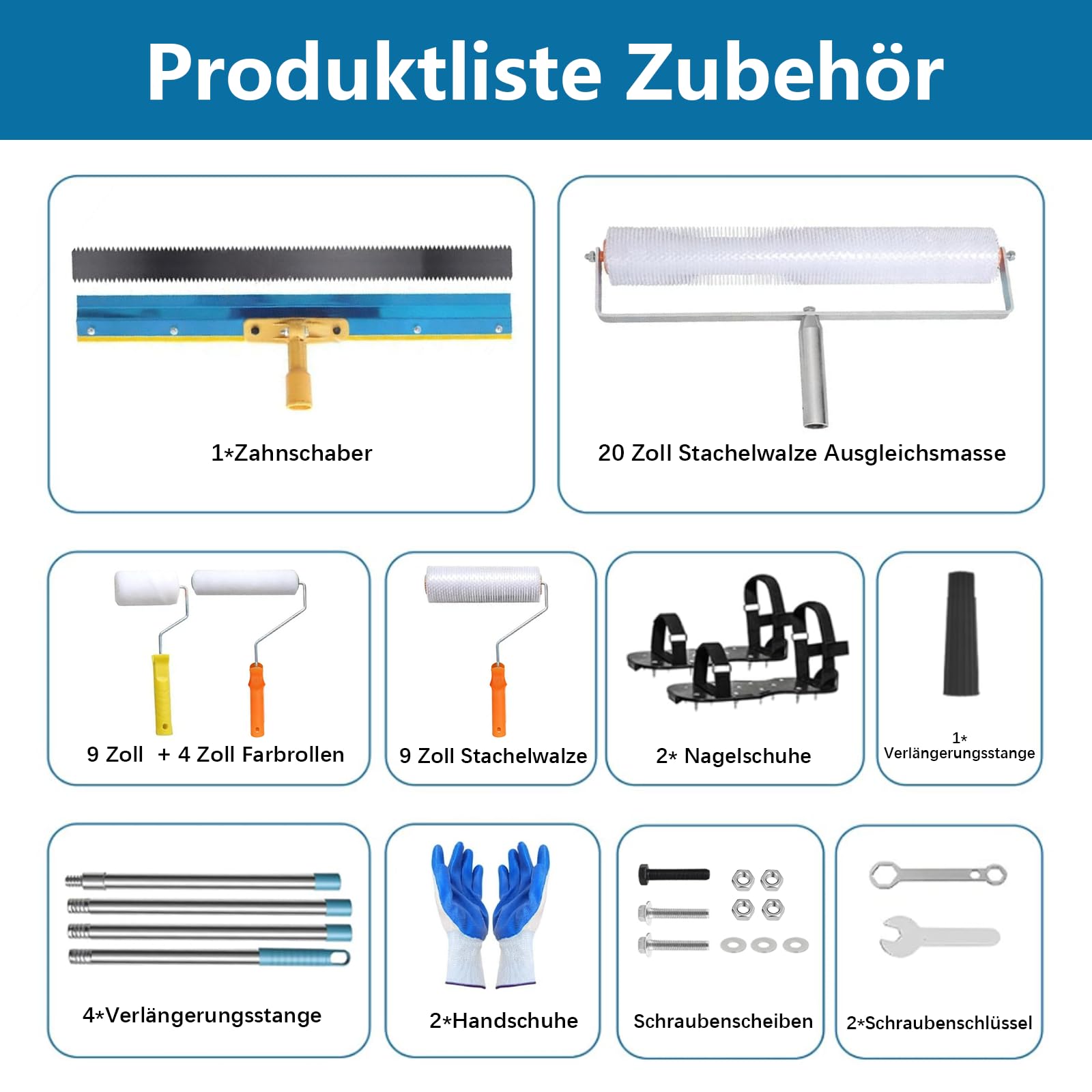 Bodenbeschichtung Set, Epoxidharz Bodenbeschichtung Tool -160cm Abnehmbarem Langem Teleskopstange, Stachelwalze Ausgleichsmasse, Nagelschuhe 30 mm, Edelstahl Stehrakel und Handschuhe