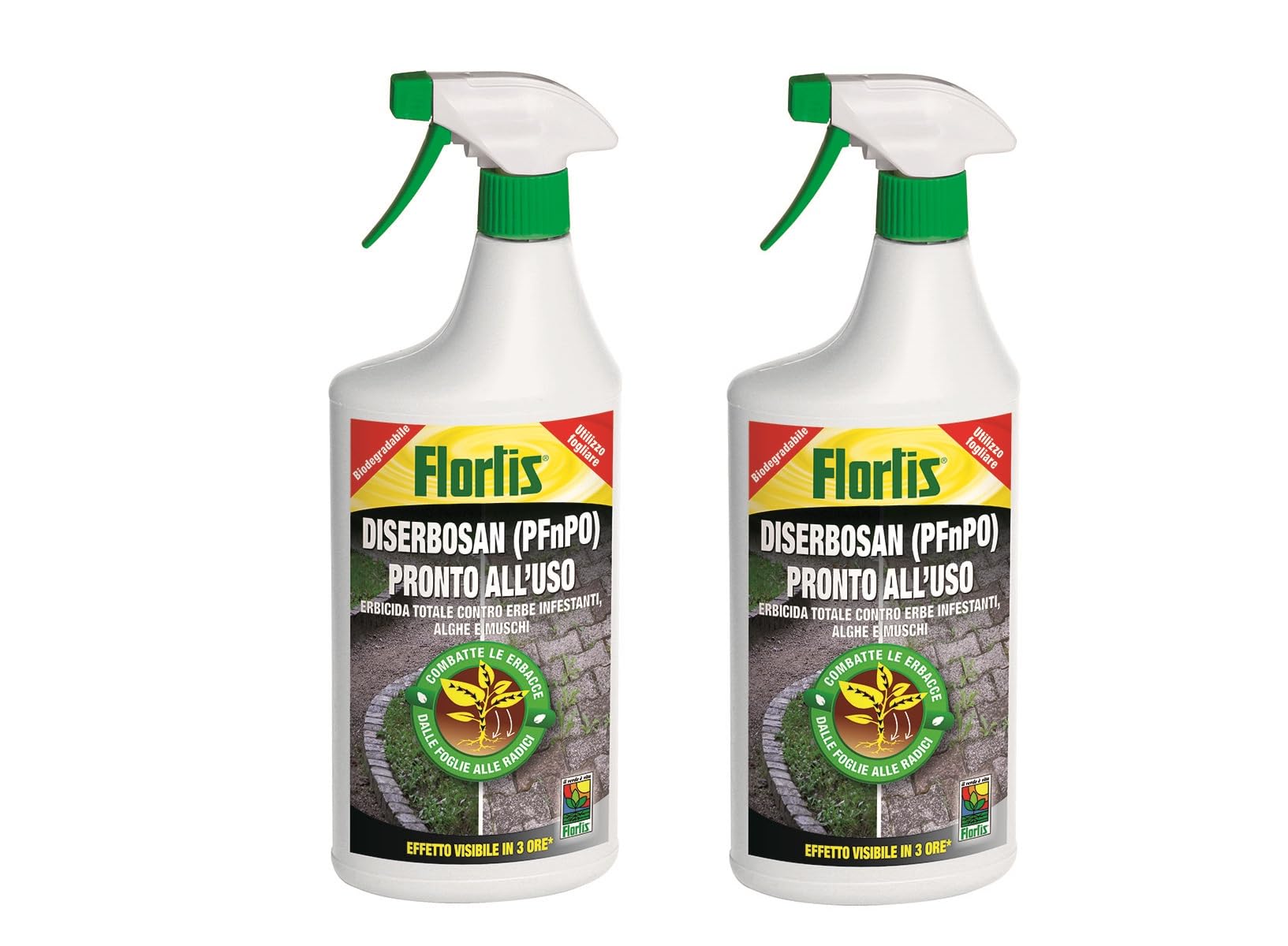 Flortis Diserbosan erbicida RTU. Pack 2pz erbicida totale contro erbe infestanti, muschi, alghe. Diserbante totale. Combatte erbacce da foglia a radici. Diserbante per erbacce a rapido effetto 1000ml