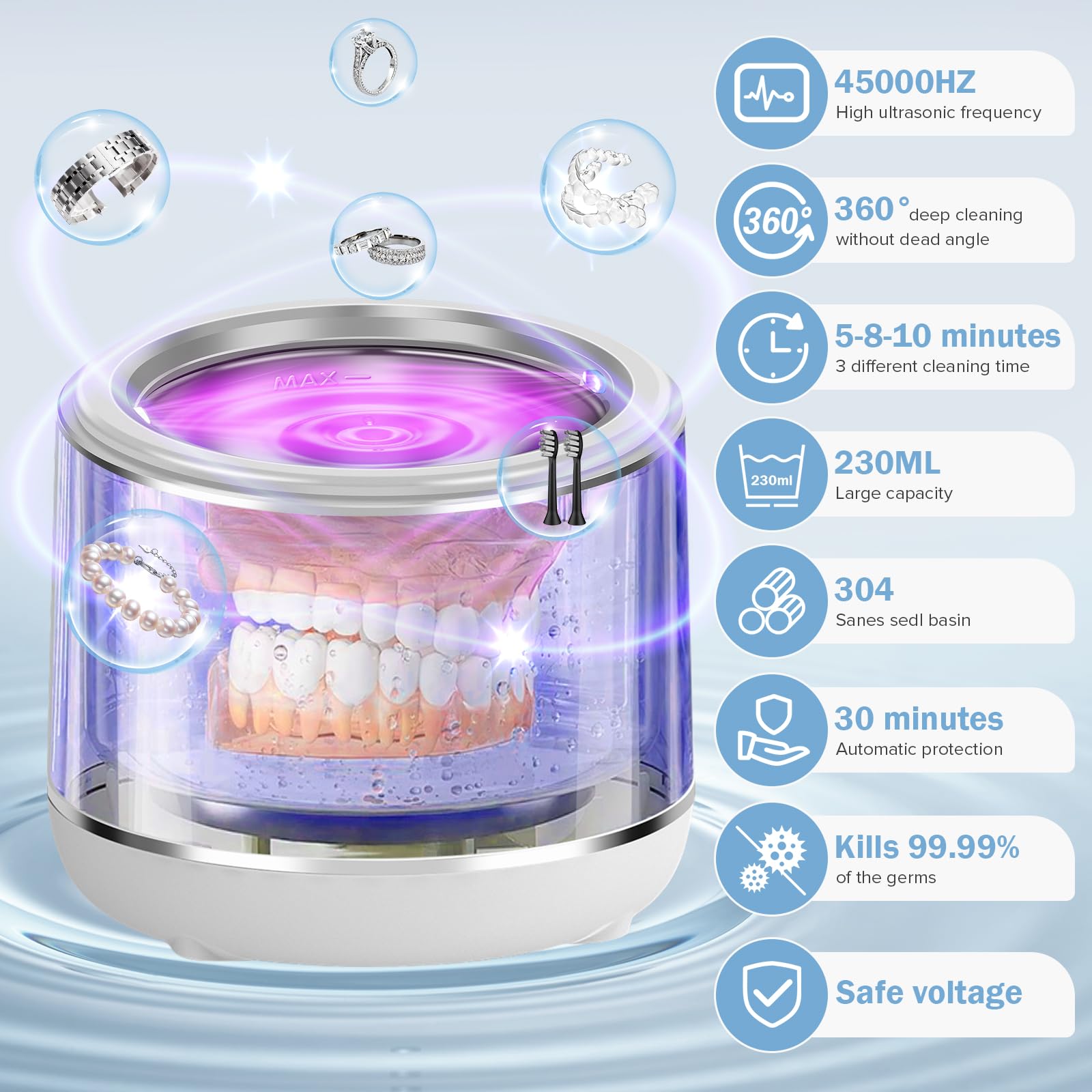 Limpiador ultrasónico U-V para prótesis, EnGiTores máquina de limpieza ultrasónica para dentaduras postizas, protectores bucales alineadores cabezales de cepillo dientes dispositivo limpieza (white)