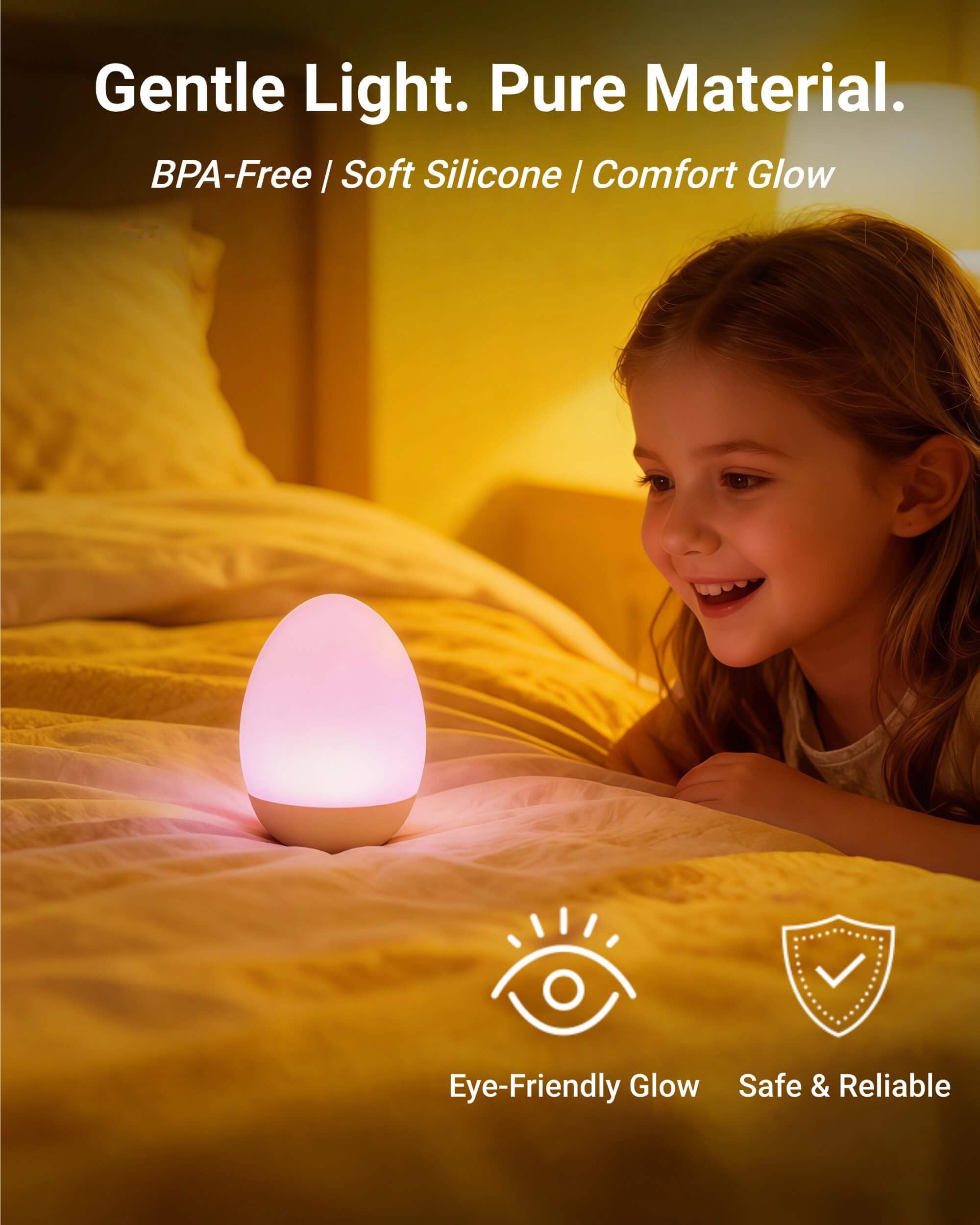 Nachtlicht für Kinder, Ei-Licht für Kinderzimmer, Baby-Nachtlicht, BPA-frei, 7 Farbwechsel und stufenloses Dimmen, wiederaufladbare kabellose Lampe, Touch-Steuerung, Silikon-Dekoration