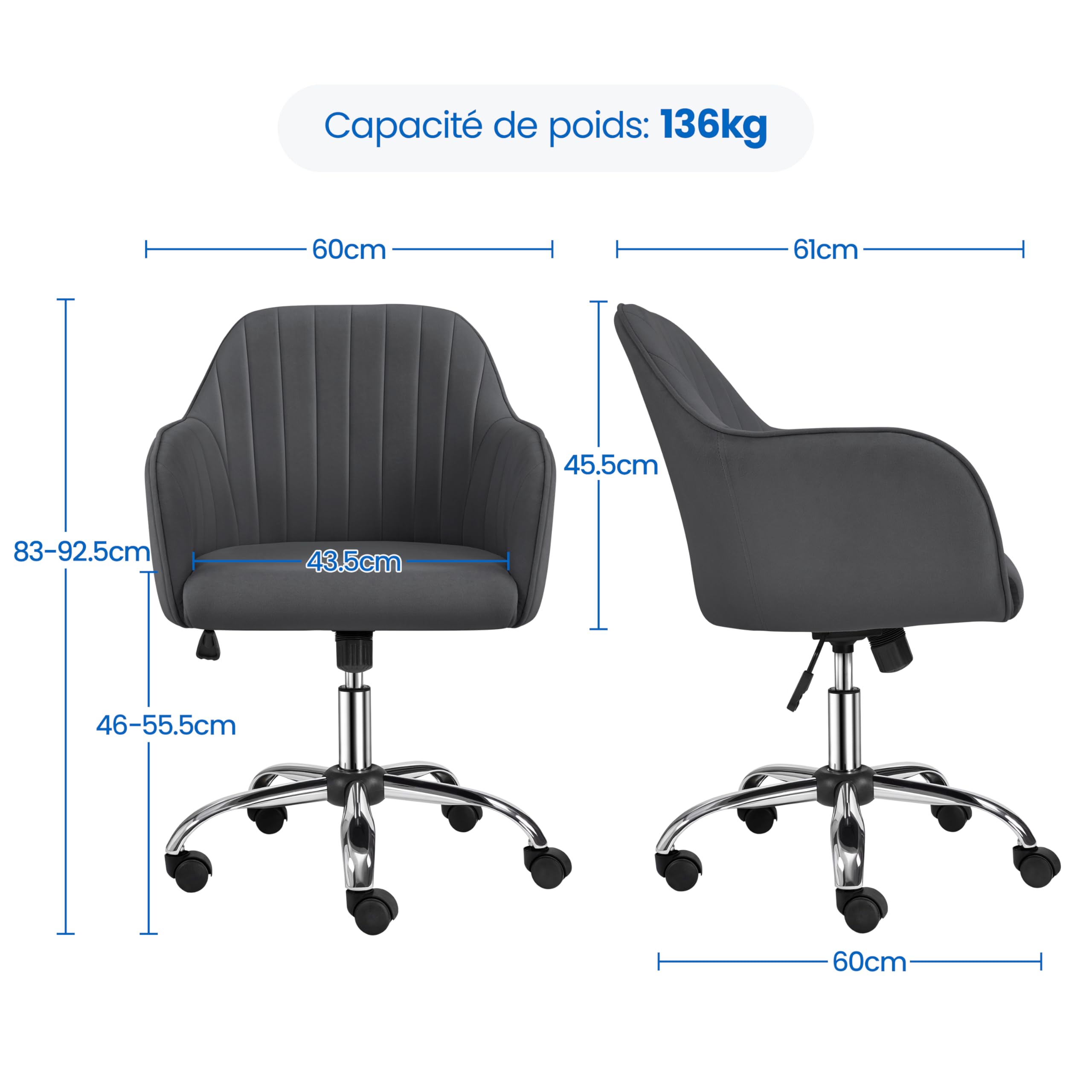 Yaheetech Chaise de Bureau Fauteuil Inclinable Rotative 360° Velours Hauteur Réglable Gris