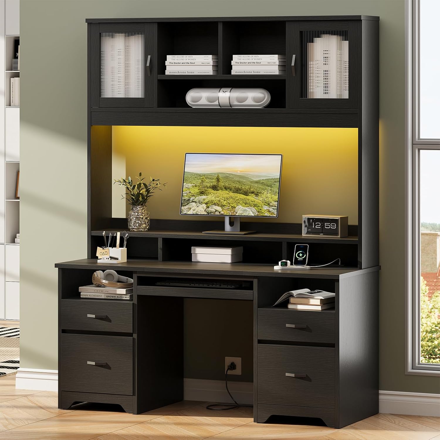 Bestier 77.8" H Executive Desk with Hutch, Modern Wood Computer Desk with Drawers, Charging Station, LED Light, Fluted Storage Cabinet, Keyboard Tray, 59" W Office Desk for Home Office, Blac