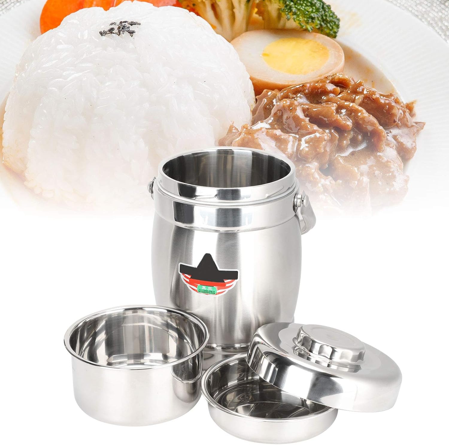 Tyenaza Lunch Bento Box, 2L Stainless Steel Vacuum Insulated Bento Box Food Container Barrel Shaped Lunch Box for Travel Camping Picnic