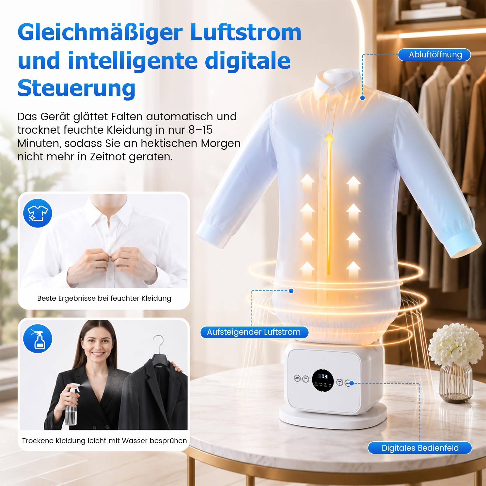Automatischer Hemdenbügler, Bügelpuppe mit Heißluft & 360°-Trocknung, Zeitfunktion, Tragbarer Bügelautomat für Hemden, Hosen, Blusen & Kleidung