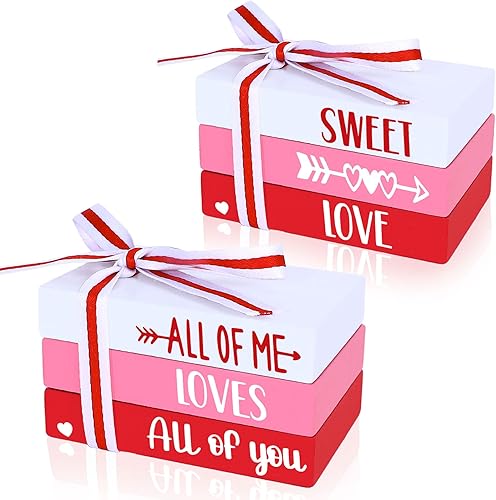 Whaline Paquete de 2 libros de madera para el día de San Valentín con cinta mini libros decorativos de imitación color rojo y rosa apilados centros