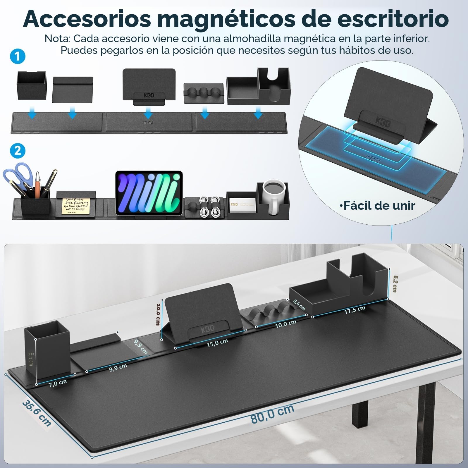 KDD 6 en 1 Alfombrilla Escritorio XXL Set, Tapete Escritorio & Alfombrilla Ratón Gaming con Organizador Escritorio Magnéticos DIY para Soporte Tableta/Portavasos/Tarjetero/Portabolígrafos(80X35.5cm)