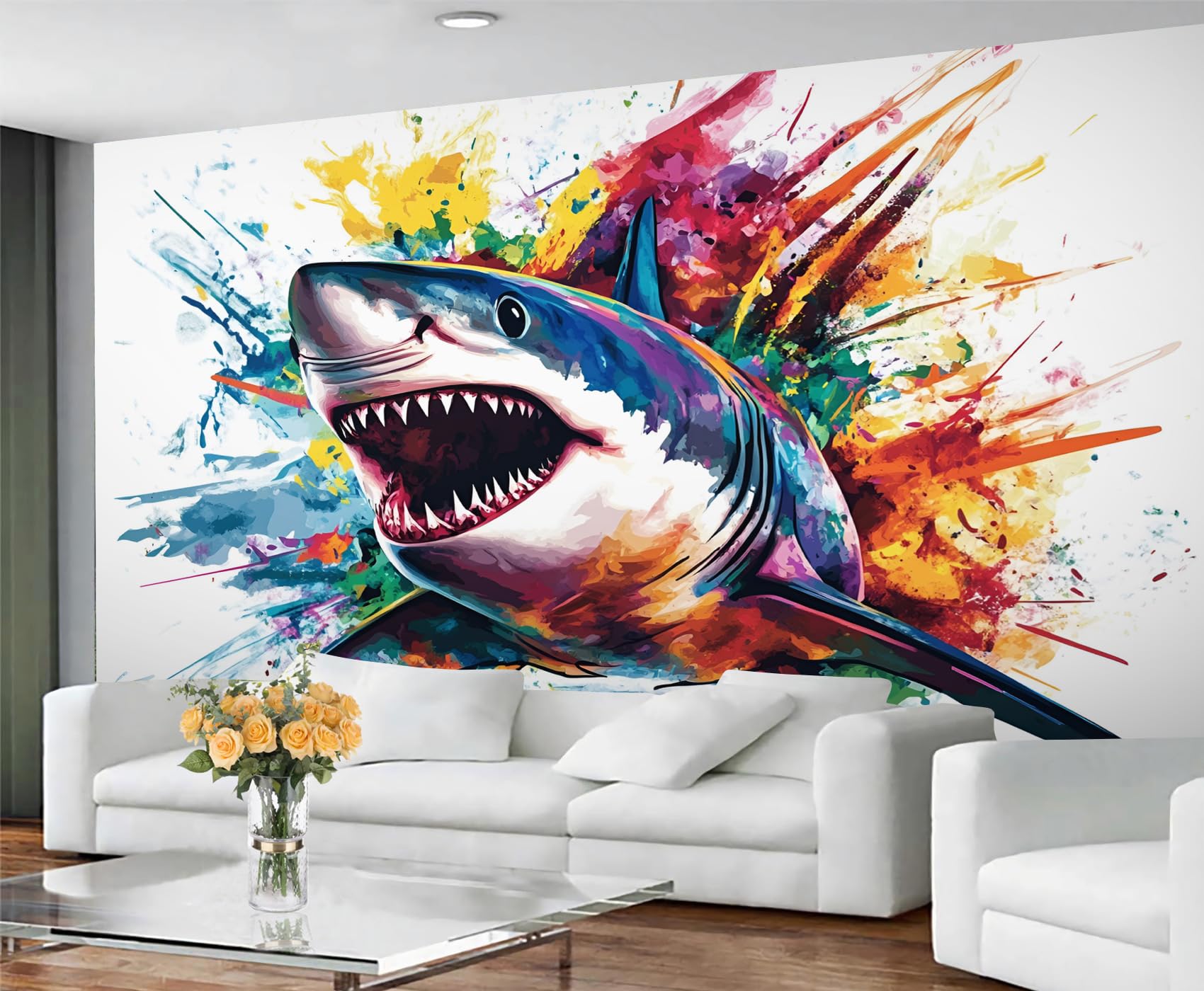 GIVLWF Wallpaper - Shark Home Decor & Mural, Shark Graffiti Bedroom Wallpaper, Marine Life Wall Paper for Living Room, Large Wall Mural (Not Self-Adhesive) — image 1